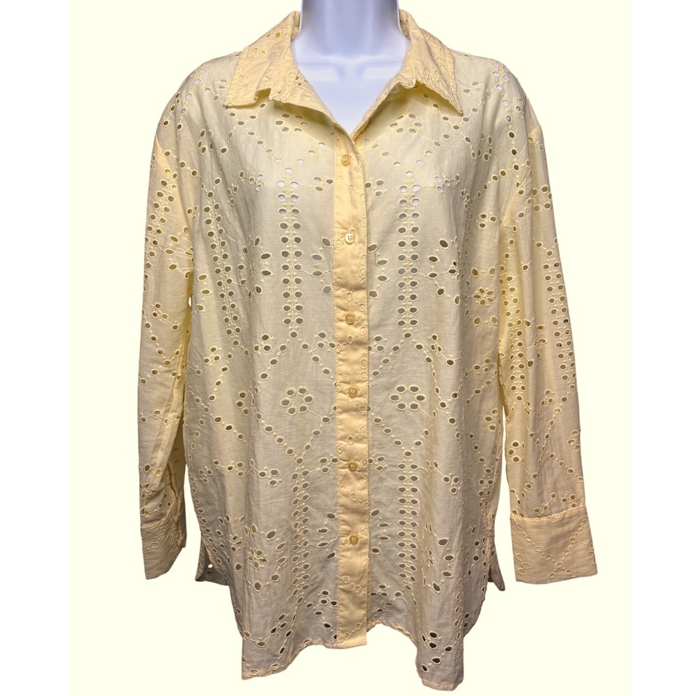CALYPSO ST BARTH Womens Yellow Eyelet Button Up Long Sleeve Shirt S Resortwear